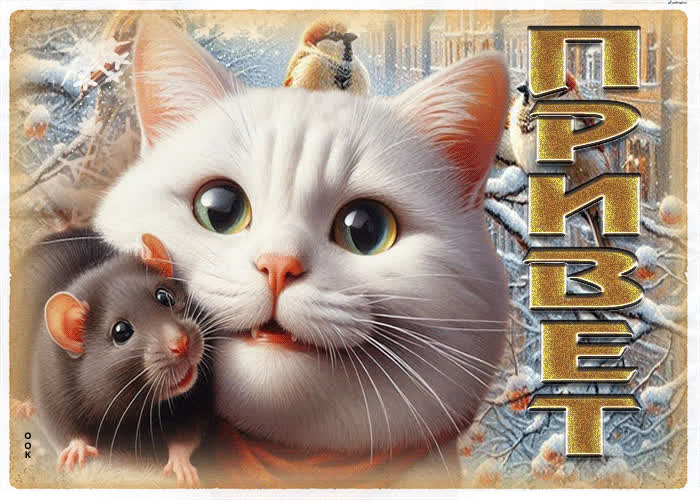 Postcard снежная гиф-открытка с котиком и мышкой привет