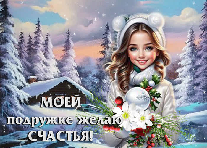 Postcard яркая и уютная зимняя гиф-открытка моей подружке желаю счастья!
